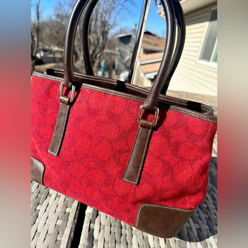 1991 Rare True Vintage Coach Signature Wool & Leather Tote Deep Red EUC! - Picture 3 of 13